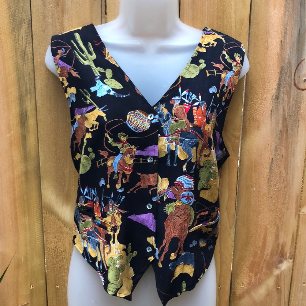 VTG SYMBOL 2000 COWBOY PRINT VEST MULTICOLORED NOVELTY RAYON WESTERN RODEO SZ M